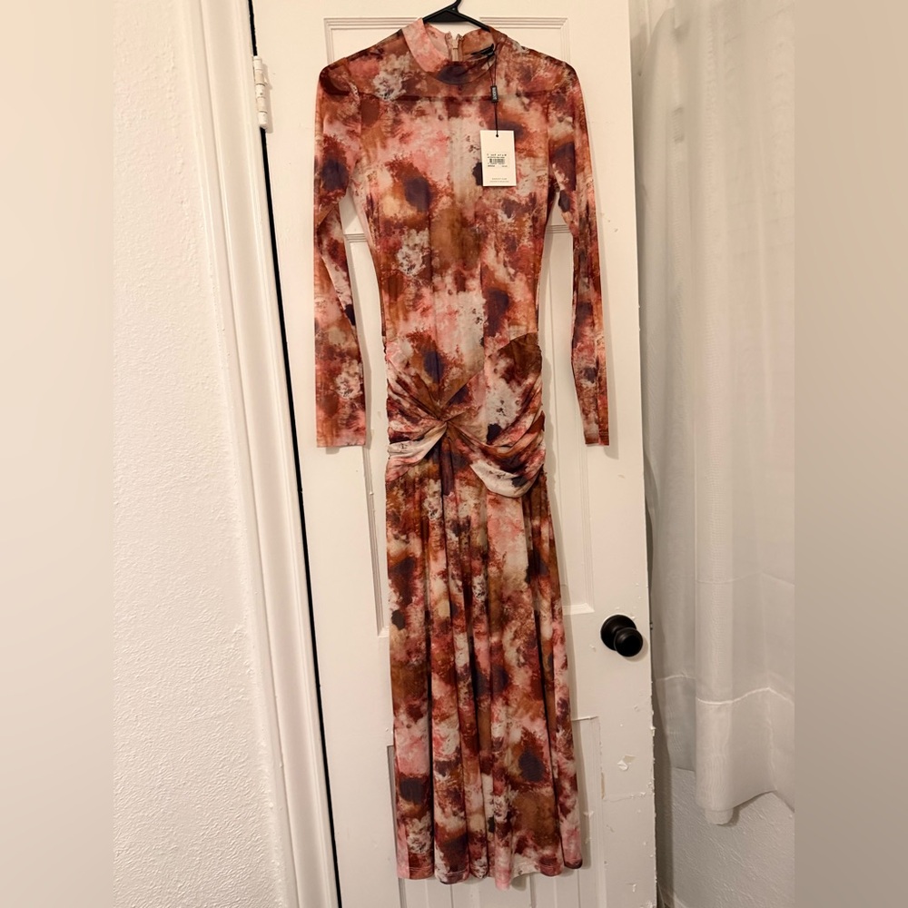 Bardot Long Sleeve Maxi Dress in Rust Pink and Brown Watercolor